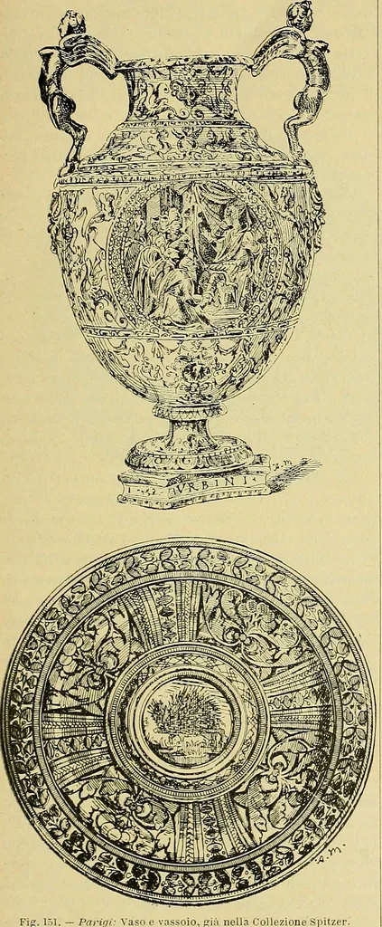 An illustration from L'arte nell'industria : lavori di legno e pastiglia, lavori di metallo, lavori di pietra, marmo, alabastro, ceramica, musaico, vetro, lavori di osso e avorio, lavori tessili, carte da parati e cuoi decorati, ricami, pizzi, cartelloni, stampe, ecc., 1907, leaf 198