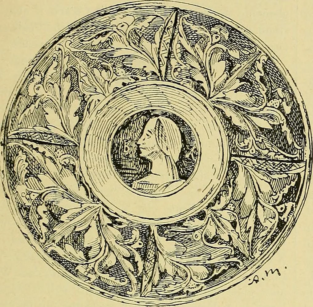 An illustration from L'arte nell'industria : lavori di legno e pastiglia, lavori di metallo, lavori di pietra, marmo, alabastro, ceramica, musaico, vetro, lavori di osso e avorio, lavori tessili, carte da parati e cuoi decorati, ricami, pizzi, cartelloni, stampe, ecc., 1907, leaf 200