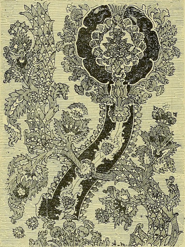 An illustration from L'arte nell'industria : lavori di legno e pastiglia, lavori di metallo, lavori di pietra, marmo, alabastro, ceramica, musaico, vetro, lavori di osso e avorio, lavori tessili, carte da parati e cuoi decorati, ricami, pizzi, cartelloni, stampe, ecc., 1907, leaf 229