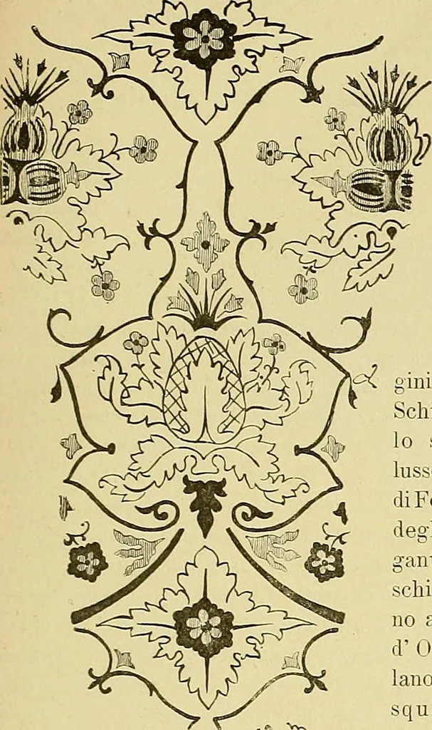 An illustration from L'arte nell'industria : lavori di legno e pastiglia, lavori di metallo, lavori di pietra, marmo, alabastro, ceramica, musaico, vetro, lavori di osso e avorio, lavori tessili, carte da parati e cuoi decorati, ricami, pizzi, cartelloni, stampe, ecc., 1907, leaf 246