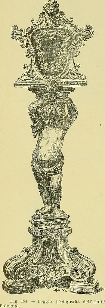 An illustration from L'arte nell'industria : lavori di legno e pastiglia, lavori di metallo, lavori di pietra, marmo, alabastro, ceramica, musaico, vetro, lavori di osso e avorio, lavori tessili, carte da parati e cuoi decorati, ricami, pizzi, cartelloni, stampe, ecc., 1907, leaf 299