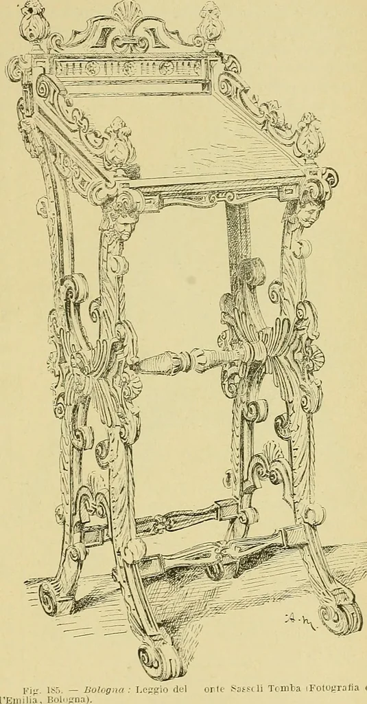 An illustration from L'arte nell'industria : lavori di legno e pastiglia, lavori di metallo, lavori di pietra, marmo, alabastro, ceramica, musaico, vetro, lavori di osso e avorio, lavori tessili, carte da parati e cuoi decorati, ricami, pizzi, cartelloni, stampe, ecc., 1907, leaf 300