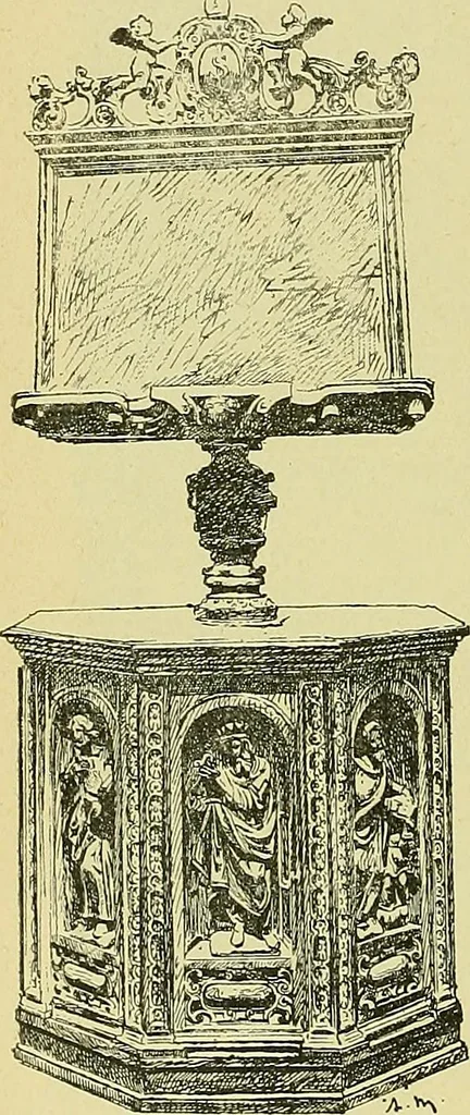 An illustration from L'arte nell'industria : lavori di legno e pastiglia, lavori di metallo, lavori di pietra, marmo, alabastro, ceramica, musaico, vetro, lavori di osso e avorio, lavori tessili, carte da parati e cuoi decorati, ricami, pizzi, cartelloni, stampe, ecc., 1907, leaf 307