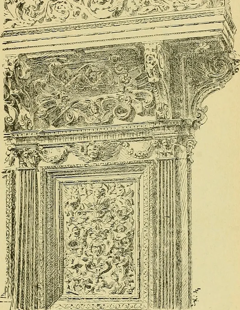 An illustration from L'arte nell'industria : lavori di legno e pastiglia, lavori di metallo, lavori di pietra, marmo, alabastro, ceramica, musaico, vetro, lavori di osso e avorio, lavori tessili, carte da parati e cuoi decorati, ricami, pizzi, cartelloni, stampe, ecc., 1907, leaf 308