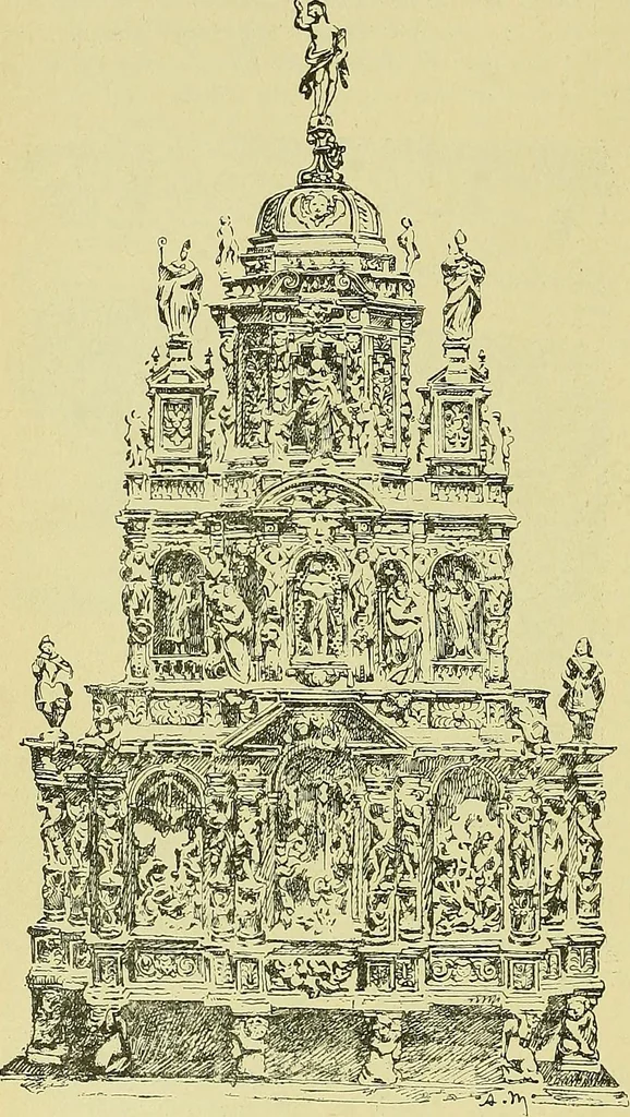 An illustration from L'arte nell'industria : lavori di legno e pastiglia, lavori di metallo, lavori di pietra, marmo, alabastro, ceramica, musaico, vetro, lavori di osso e avorio, lavori tessili, carte da parati e cuoi decorati, ricami, pizzi, cartelloni, stampe, ecc., 1907, leaf 309