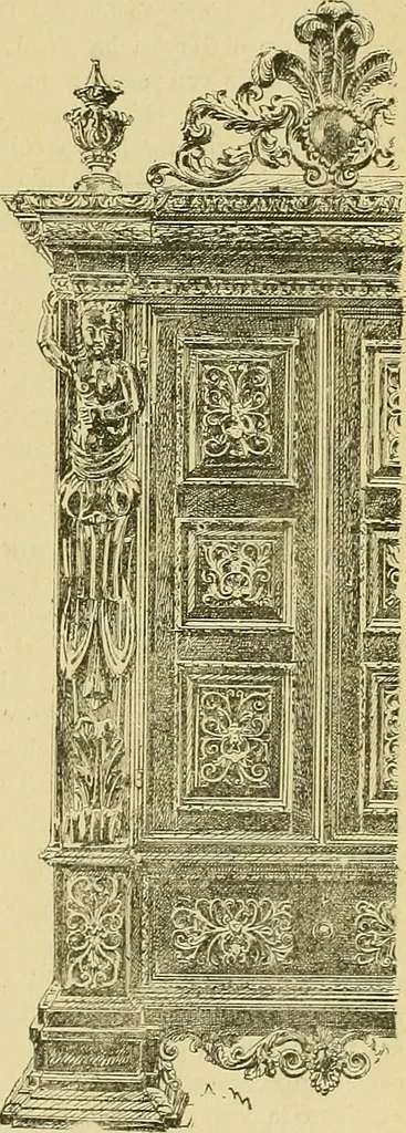 An illustration from L'arte nell'industria : lavori di legno e pastiglia, lavori di metallo, lavori di pietra, marmo, alabastro, ceramica, musaico, vetro, lavori di osso e avorio, lavori tessili, carte da parati e cuoi decorati, ricami, pizzi, cartelloni, stampe, ecc., 1907, leaf 318