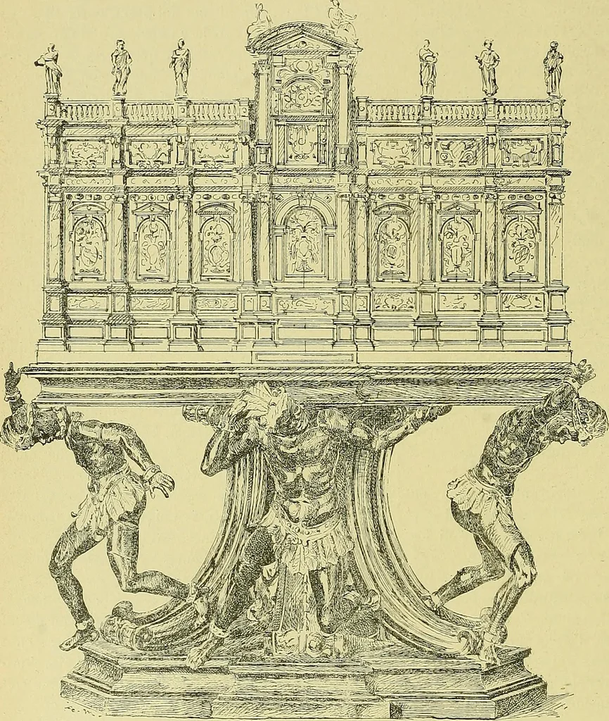An illustration from L'arte nell'industria : lavori di legno e pastiglia, lavori di metallo, lavori di pietra, marmo, alabastro, ceramica, musaico, vetro, lavori di osso e avorio, lavori tessili, carte da parati e cuoi decorati, ricami, pizzi, cartelloni, stampe, ecc., 1907, leaf 321
