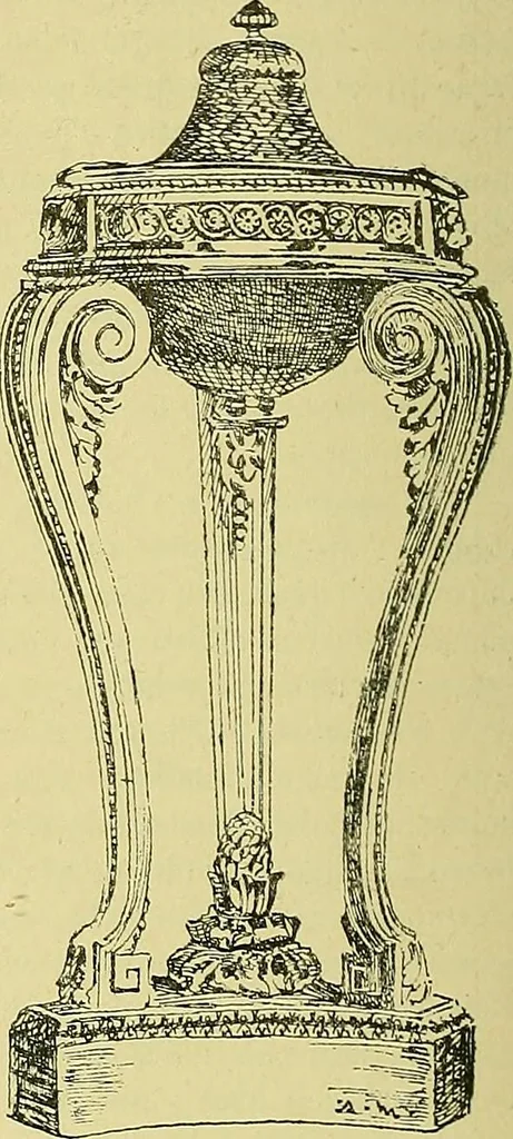 An illustration from L'arte nell'industria : lavori di legno e pastiglia, lavori di metallo, lavori di pietra, marmo, alabastro, ceramica, musaico, vetro, lavori di osso e avorio, lavori tessili, carte da parati e cuoi decorati, ricami, pizzi, cartelloni, stampe, ecc., 1907, leaf 325