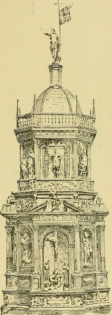 An illustration from L'arte nell'industria : lavori di legno e pastiglia, lavori di metallo, lavori di pietra, marmo, alabastro, ceramica, musaico, vetro, lavori di osso e avorio, lavori tessili, carte da parati e cuoi decorati, ricami, pizzi, cartelloni, stampe, ecc., 1907, leaf 356