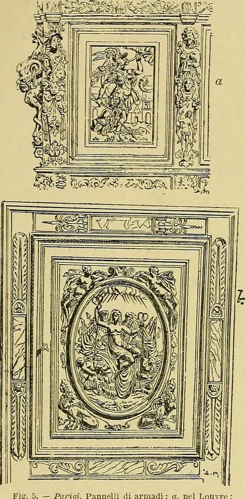 An illustration from L'arte nell'industria : lavori di legno e pastiglia, lavori di metallo, lavori di pietra, marmo, alabastro, ceramica, musaico, vetro, lavori di osso e avorio, lavori tessili, carte da parati e cuoi decorati, ricami, pizzi, cartelloni, stampe, ecc., 1907, leaf 36