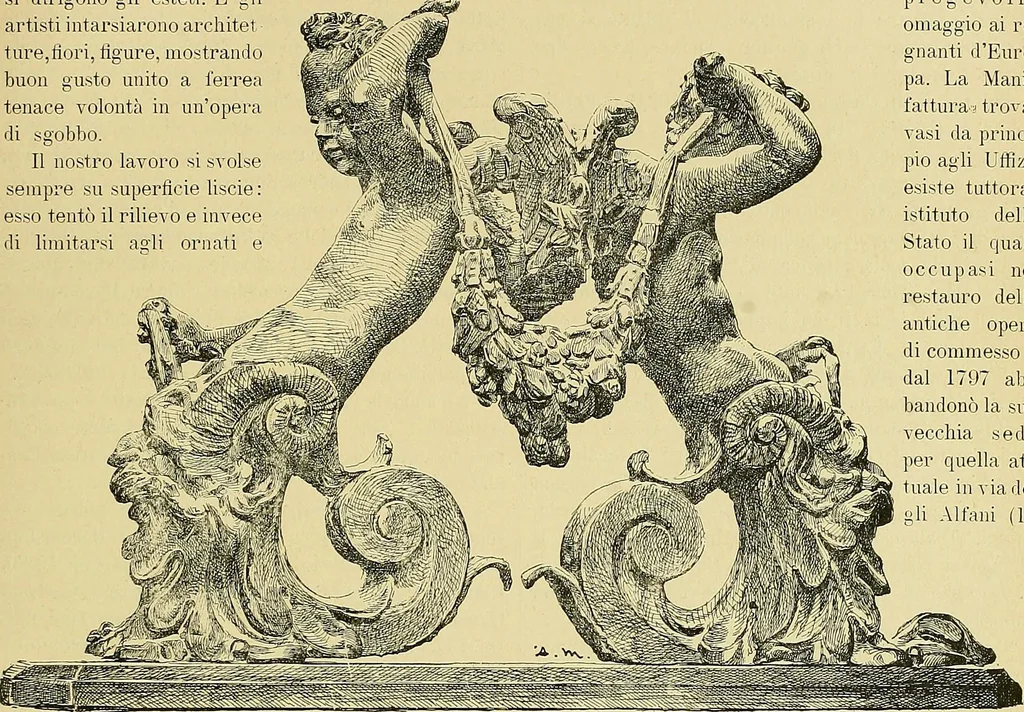 An illustration from L'arte nell'industria : lavori di legno e pastiglia, lavori di metallo, lavori di pietra, marmo, alabastro, ceramica, musaico, vetro, lavori di osso e avorio, lavori tessili, carte da parati e cuoi decorati, ricami, pizzi, cartelloni, stampe, ecc., 1907, leaf 380