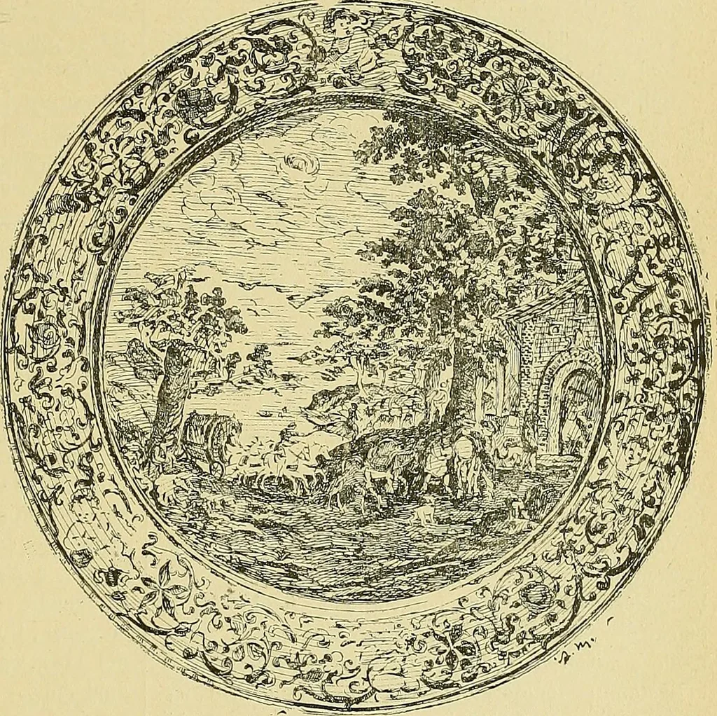 An illustration from L'arte nell'industria : lavori di legno e pastiglia, lavori di metallo, lavori di pietra, marmo, alabastro, ceramica, musaico, vetro, lavori di osso e avorio, lavori tessili, carte da parati e cuoi decorati, ricami, pizzi, cartelloni, stampe, ecc., 1907, leaf 392