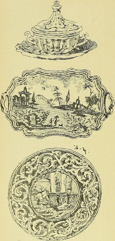 An illustration from L'arte nell'industria : lavori di legno e pastiglia, lavori di metallo, lavori di pietra, marmo, alabastro, ceramica, musaico, vetro, lavori di osso e avorio, lavori tessili, carte da parati e cuoi decorati, ricami, pizzi, cartelloni, stampe, ecc., 1907, leaf 395