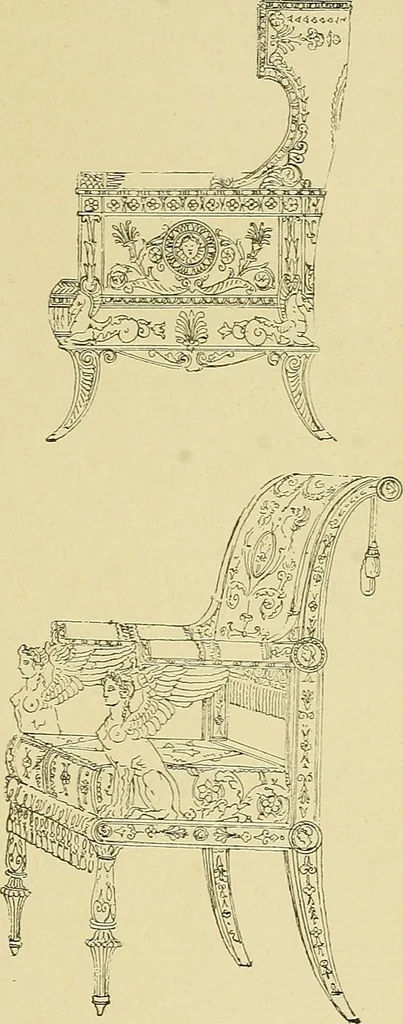 An illustration from L'arte nell'industria : lavori di legno e pastiglia, lavori di metallo, lavori di pietra, marmo, alabastro, ceramica, musaico, vetro, lavori di osso e avorio, lavori tessili, carte da parati e cuoi decorati, ricami, pizzi, cartelloni, stampe, ecc., 1907, leaf 454