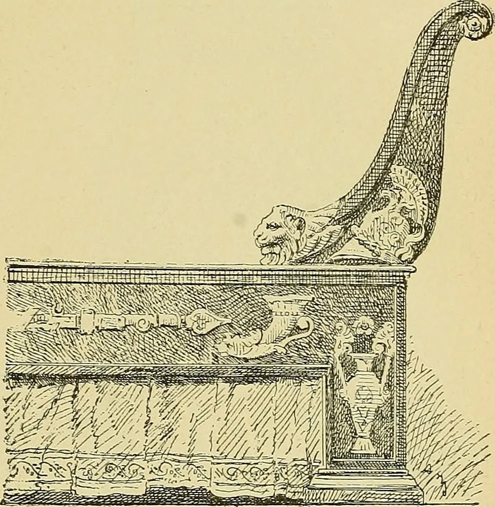 An illustration from L'arte nell'industria : lavori di legno e pastiglia, lavori di metallo, lavori di pietra, marmo, alabastro, ceramica, musaico, vetro, lavori di osso e avorio, lavori tessili, carte da parati e cuoi decorati, ricami, pizzi, cartelloni, stampe, ecc., 1907, leaf 460
