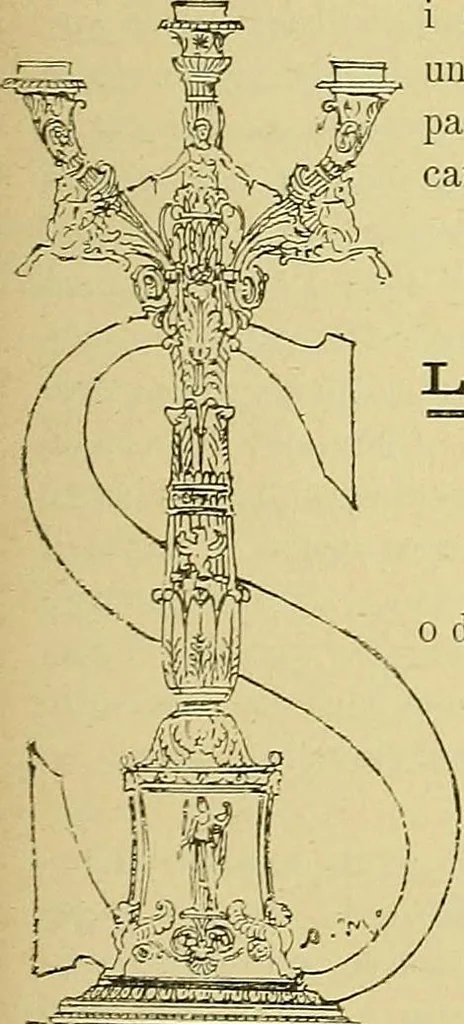 An illustration from L'arte nell'industria : lavori di legno e pastiglia, lavori di metallo, lavori di pietra, marmo, alabastro, ceramica, musaico, vetro, lavori di osso e avorio, lavori tessili, carte da parati e cuoi decorati, ricami, pizzi, cartelloni, stampe, ecc., 1907, leaf 470