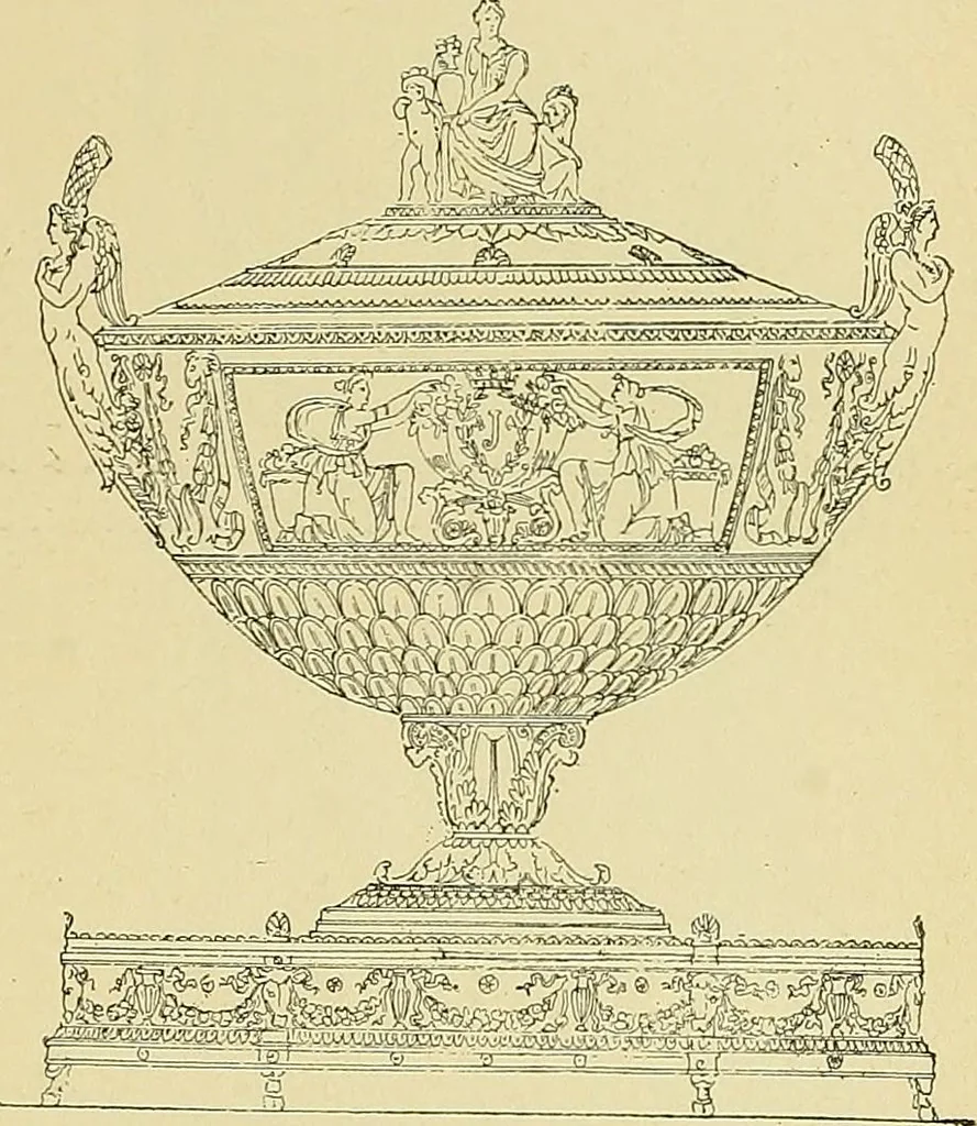 An illustration from L'arte nell'industria : lavori di legno e pastiglia, lavori di metallo, lavori di pietra, marmo, alabastro, ceramica, musaico, vetro, lavori di osso e avorio, lavori tessili, carte da parati e cuoi decorati, ricami, pizzi, cartelloni, stampe, ecc., 1907, leaf 478