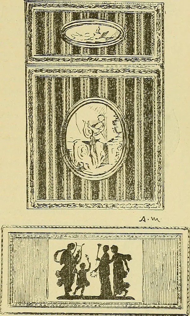 An illustration from L'arte nell'industria : lavori di legno e pastiglia, lavori di metallo, lavori di pietra, marmo, alabastro, ceramica, musaico, vetro, lavori di osso e avorio, lavori tessili, carte da parati e cuoi decorati, ricami, pizzi, cartelloni, stampe, ecc., 1907, leaf 480