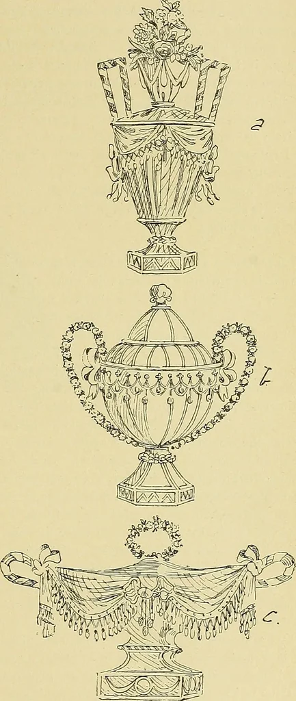 An illustration from L'arte nell'industria : lavori di legno e pastiglia, lavori di metallo, lavori di pietra, marmo, alabastro, ceramica, musaico, vetro, lavori di osso e avorio, lavori tessili, carte da parati e cuoi decorati, ricami, pizzi, cartelloni, stampe, ecc., 1907, leaf 500