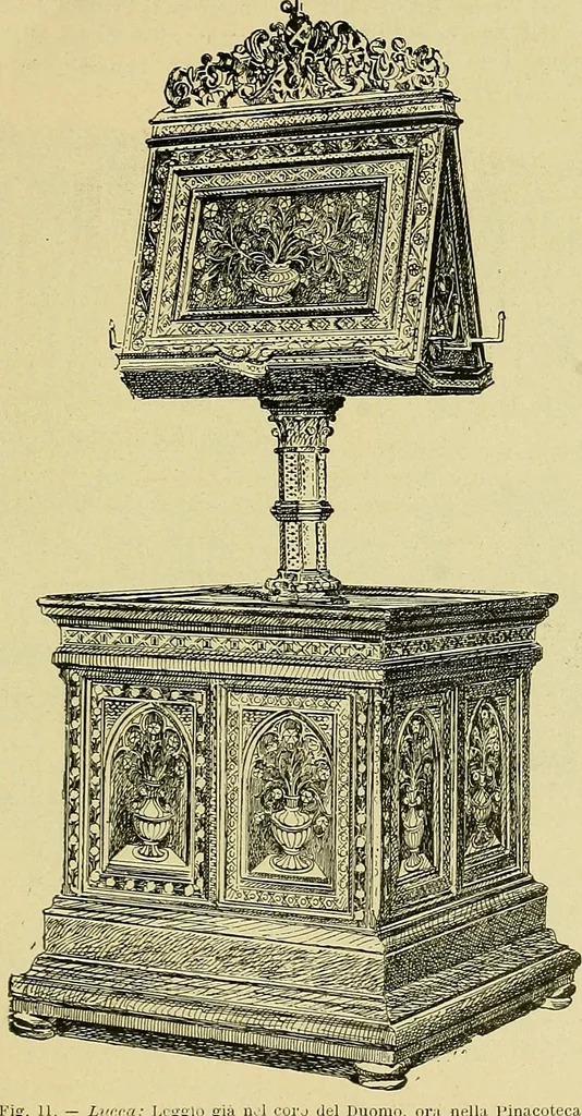 An illustration from L'arte nell'industria : lavori di legno e pastiglia, lavori di metallo, lavori di pietra, marmo, alabastro, ceramica, musaico, vetro, lavori di osso e avorio, lavori tessili, carte da parati e cuoi decorati, ricami, pizzi, cartelloni, stampe, ecc., 1907, leaf 52
