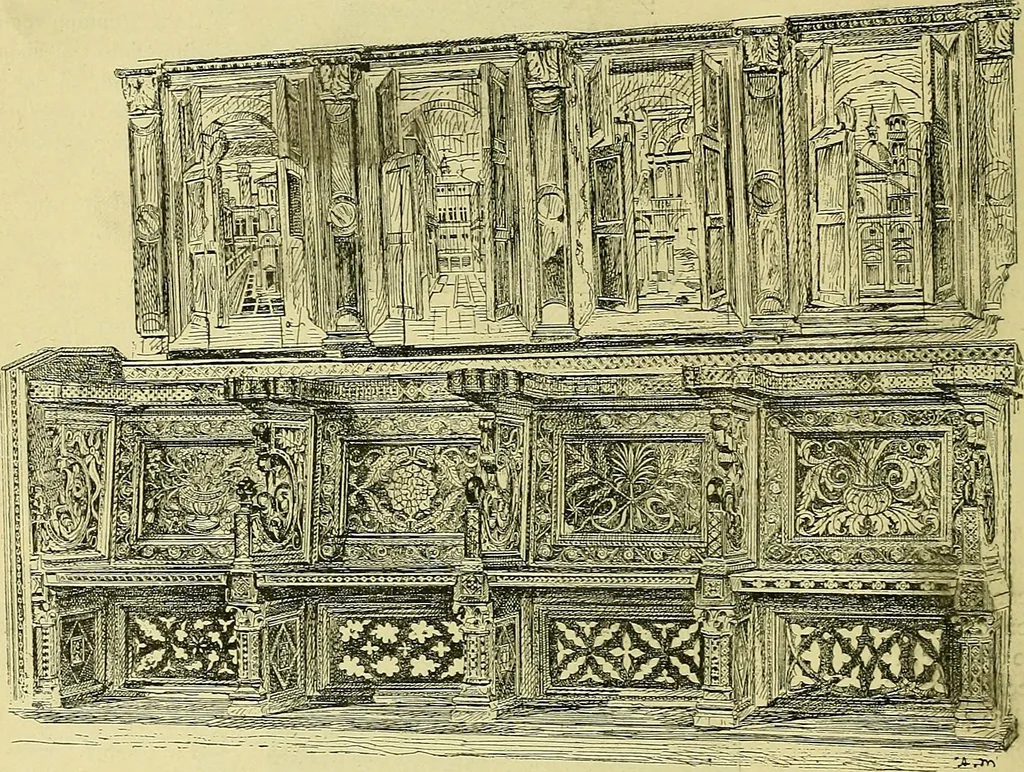 An illustration from L'arte nell'industria : lavori di legno e pastiglia, lavori di metallo, lavori di pietra, marmo, alabastro, ceramica, musaico, vetro, lavori di osso e avorio, lavori tessili, carte da parati e cuoi decorati, ricami, pizzi, cartelloni, stampe, ecc., 1907, leaf 53