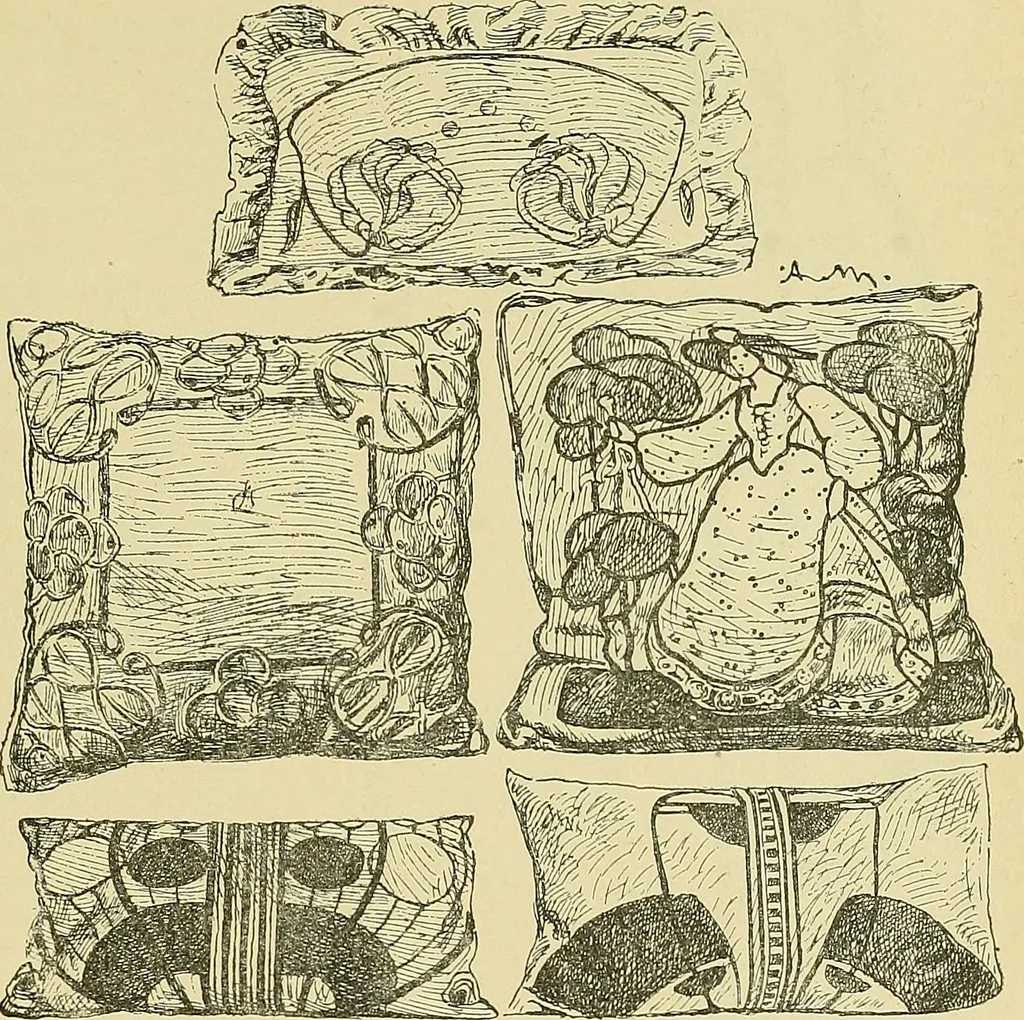 An illustration from L'arte nell'industria : lavori di legno e pastiglia, lavori di metallo, lavori di pietra, marmo, alabastro, ceramica, musaico, vetro, lavori di osso e avorio, lavori tessili, carte da parati e cuoi decorati, ricami, pizzi, cartelloni, stampe, ecc., 1907, leaf 532