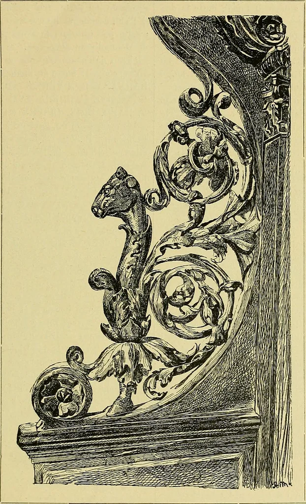 An illustration from L'arte nell'industria : lavori di legno e pastiglia, lavori di metallo, lavori di pietra, marmo, alabastro, ceramica, musaico, vetro, lavori di osso e avorio, lavori tessili, carte da parati e cuoi decorati, ricami, pizzi, cartelloni, stampe, ecc., 1907, leaf 54