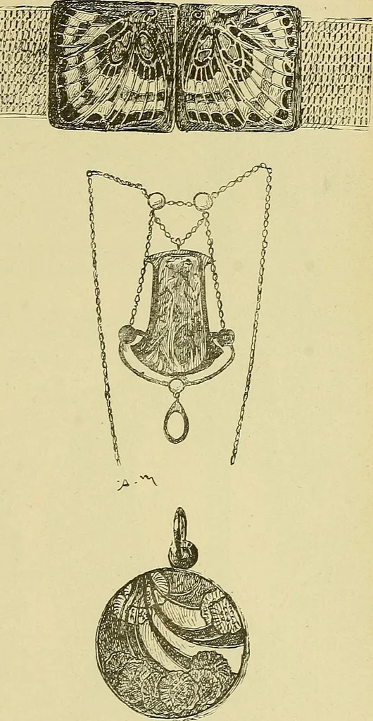 An illustration from L'arte nell'industria : lavori di legno e pastiglia, lavori di metallo, lavori di pietra, marmo, alabastro, ceramica, musaico, vetro, lavori di osso e avorio, lavori tessili, carte da parati e cuoi decorati, ricami, pizzi, cartelloni, stampe, ecc., 1907, leaf 544