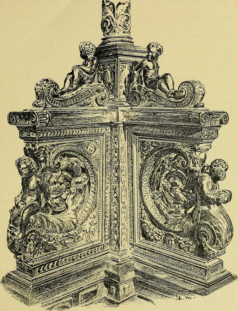 An illustration from L'arte nell'industria : lavori di legno e pastiglia, lavori di metallo, lavori di pietra, marmo, alabastro, ceramica, musaico, vetro, lavori di osso e avorio, lavori tessili, carte da parati e cuoi decorati, ricami, pizzi, cartelloni, stampe, ecc., 1907, leaf 56