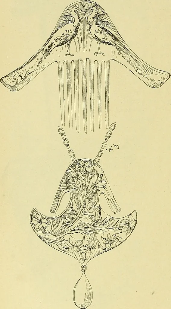 An illustration from L'arte nell'industria : lavori di legno e pastiglia, lavori di metallo, lavori di pietra, marmo, alabastro, ceramica, musaico, vetro, lavori di osso e avorio, lavori tessili, carte da parati e cuoi decorati, ricami, pizzi, cartelloni, stampe, ecc., 1907, leaf 573
