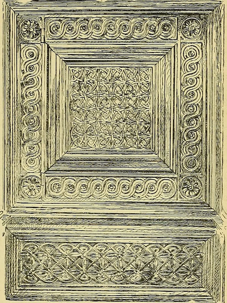 An illustration from L'arte nell'industria : lavori di legno e pastiglia, lavori di metallo, lavori di pietra, marmo, alabastro, ceramica, musaico, vetro, lavori di osso e avorio, lavori tessili, carte da parati e cuoi decorati, ricami, pizzi, cartelloni, stampe, ecc., 1907, leaf 60