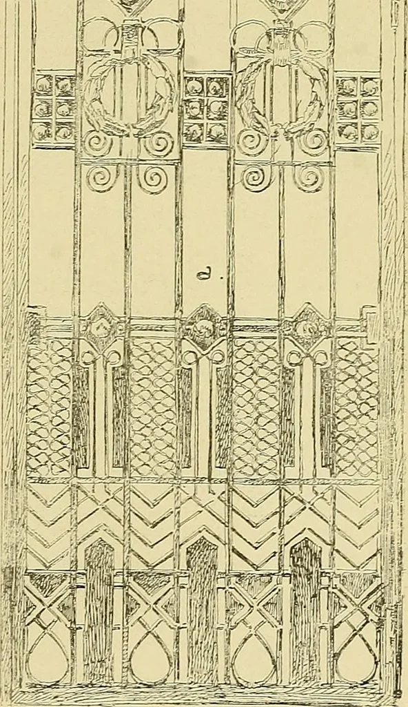 An illustration from L'arte nell'industria : lavori di legno e pastiglia, lavori di metallo, lavori di pietra, marmo, alabastro, ceramica, musaico, vetro, lavori di osso e avorio, lavori tessili, carte da parati e cuoi decorati, ricami, pizzi, cartelloni, stampe, ecc., 1907, leaf 606