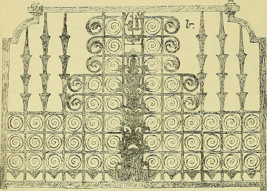 An illustration from L'arte nell'industria : lavori di legno e pastiglia, lavori di metallo, lavori di pietra, marmo, alabastro, ceramica, musaico, vetro, lavori di osso e avorio, lavori tessili, carte da parati e cuoi decorati, ricami, pizzi, cartelloni, stampe, ecc., 1907, leaf 607