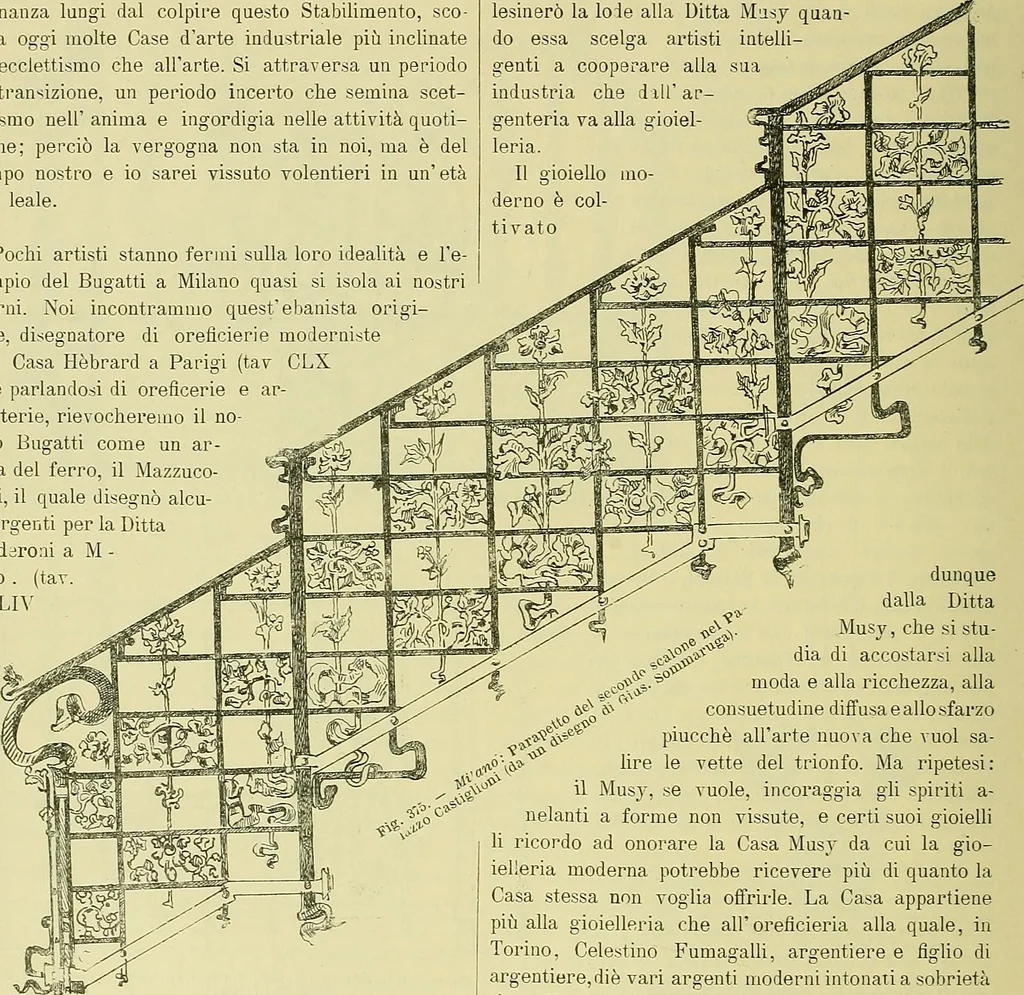 An illustration from L'arte nell'industria : lavori di legno e pastiglia, lavori di metallo, lavori di pietra, marmo, alabastro, ceramica, musaico, vetro, lavori di osso e avorio, lavori tessili, carte da parati e cuoi decorati, ricami, pizzi, cartelloni, stampe, ecc., 1907, leaf 609