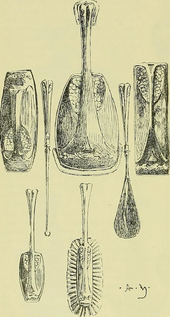 An illustration from L'arte nell'industria : lavori di legno e pastiglia, lavori di metallo, lavori di pietra, marmo, alabastro, ceramica, musaico, vetro, lavori di osso e avorio, lavori tessili, carte da parati e cuoi decorati, ricami, pizzi, cartelloni, stampe, ecc., 1907, leaf 619