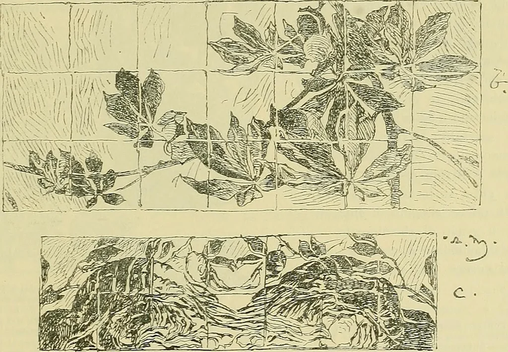 An illustration from L'arte nell'industria : lavori di legno e pastiglia, lavori di metallo, lavori di pietra, marmo, alabastro, ceramica, musaico, vetro, lavori di osso e avorio, lavori tessili, carte da parati e cuoi decorati, ricami, pizzi, cartelloni, stampe, ecc., 1907, leaf 622