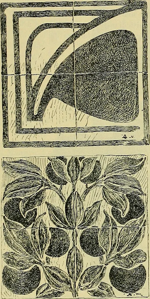 An illustration from L'arte nell'industria : lavori di legno e pastiglia, lavori di metallo, lavori di pietra, marmo, alabastro, ceramica, musaico, vetro, lavori di osso e avorio, lavori tessili, carte da parati e cuoi decorati, ricami, pizzi, cartelloni, stampe, ecc., 1907, leaf 624