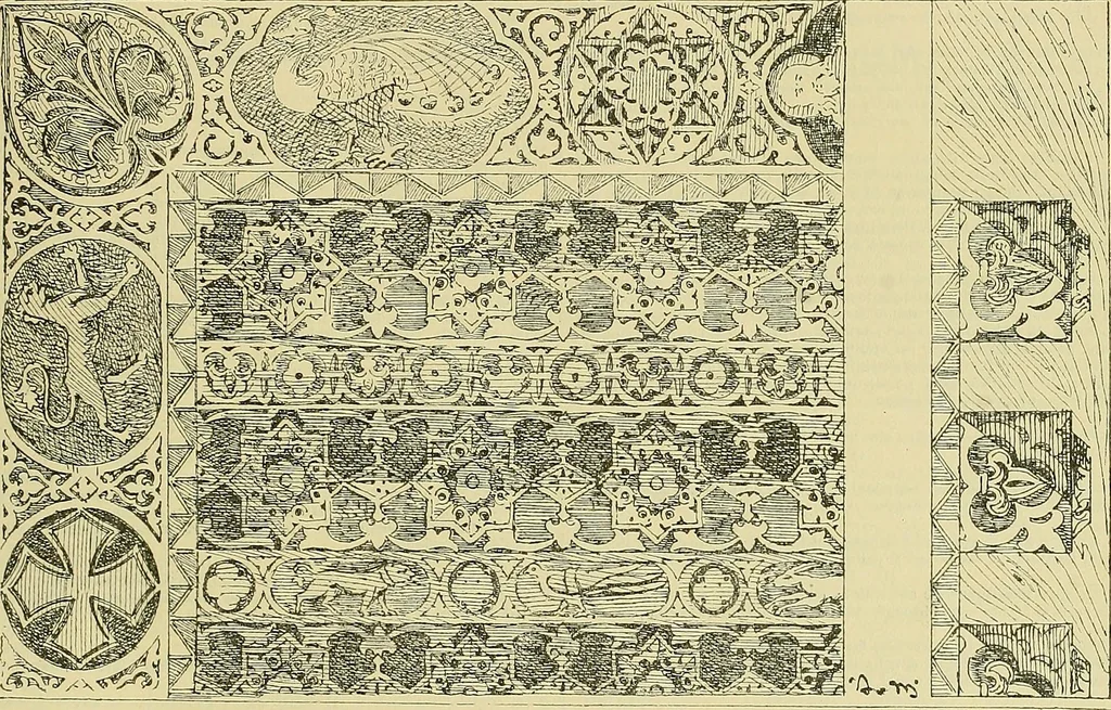 An illustration from L'arte nell'industria : lavori di legno e pastiglia, lavori di metallo, lavori di pietra, marmo, alabastro, ceramica, musaico, vetro, lavori di osso e avorio, lavori tessili, carte da parati e cuoi decorati, ricami, pizzi, cartelloni, stampe, ecc., 1907, leaf 640