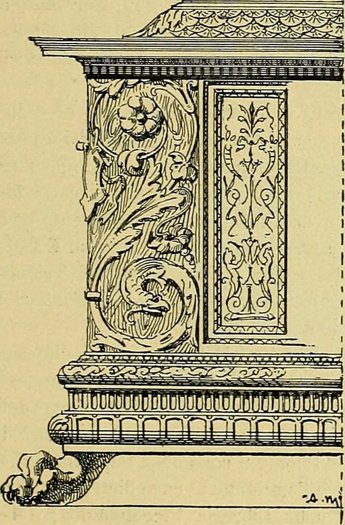 An illustration from L'arte nell'industria : lavori di legno e pastiglia, lavori di metallo, lavori di pietra, marmo, alabastro, ceramica, musaico, vetro, lavori di osso e avorio, lavori tessili, carte da parati e cuoi decorati, ricami, pizzi, cartelloni, stampe, ecc., 1907, leaf 74