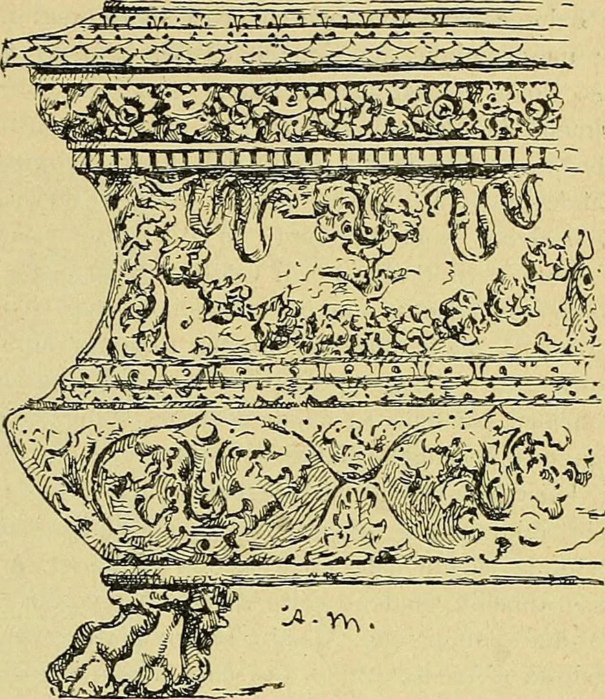 An illustration from L'arte nell'industria : lavori di legno e pastiglia, lavori di metallo, lavori di pietra, marmo, alabastro, ceramica, musaico, vetro, lavori di osso e avorio, lavori tessili, carte da parati e cuoi decorati, ricami, pizzi, cartelloni, stampe, ecc., 1907, leaf 74