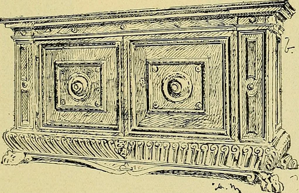 An illustration from L'arte nell'industria : lavori di legno e pastiglia, lavori di metallo, lavori di pietra, marmo, alabastro, ceramica, musaico, vetro, lavori di osso e avorio, lavori tessili, carte da parati e cuoi decorati, ricami, pizzi, cartelloni, stampe, ecc., 1907, leaf 76