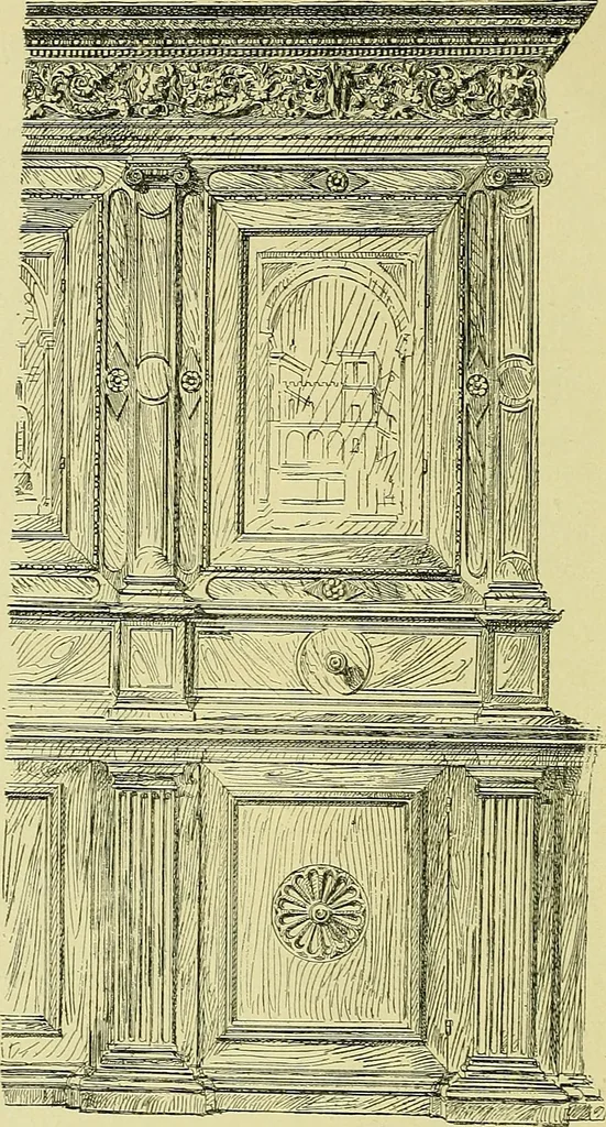 An illustration from L'arte nell'industria : lavori di legno e pastiglia, lavori di metallo, lavori di pietra, marmo, alabastro, ceramica, musaico, vetro, lavori di osso e avorio, lavori tessili, carte da parati e cuoi decorati, ricami, pizzi, cartelloni, stampe, ecc., 1907, leaf 79