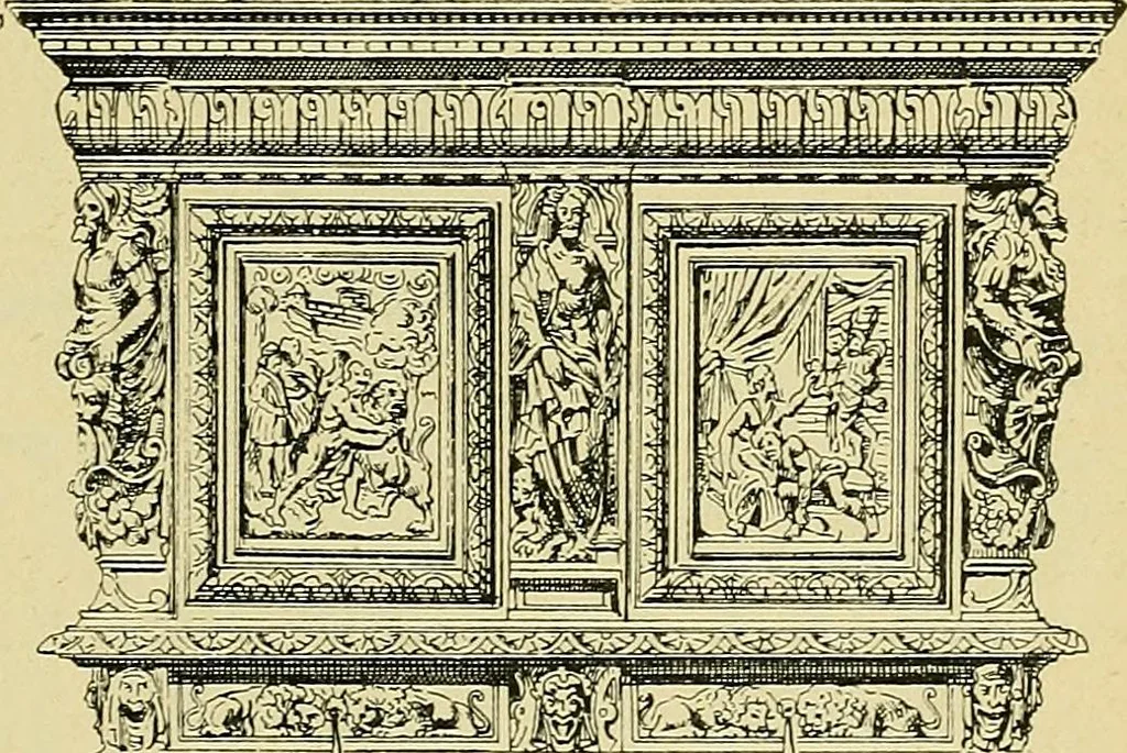 An illustration from L'arte nell'industria : lavori di legno e pastiglia, lavori di metallo, lavori di pietra, marmo, alabastro, ceramica, musaico, vetro, lavori di osso e avorio, lavori tessili, carte da parati e cuoi decorati, ricami, pizzi, cartelloni, stampe, ecc., 1907, leaf 80