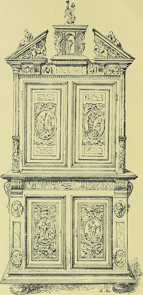An illustration from L'arte nell'industria : lavori di legno e pastiglia, lavori di metallo, lavori di pietra, marmo, alabastro, ceramica, musaico, vetro, lavori di osso e avorio, lavori tessili, carte da parati e cuoi decorati, ricami, pizzi, cartelloni, stampe, ecc., 1907, leaf 81