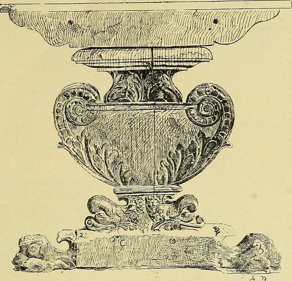 An illustration from L'arte nell'industria : lavori di legno e pastiglia, lavori di metallo, lavori di pietra, marmo, alabastro, ceramica, musaico, vetro, lavori di osso e avorio, lavori tessili, carte da parati e cuoi decorati, ricami, pizzi, cartelloni, stampe, ecc., 1907, leaf 84