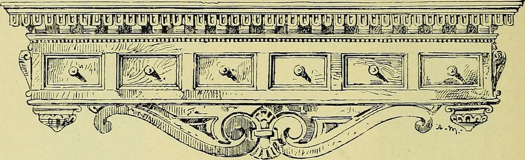 An illustration from L'arte nell'industria : lavori di legno e pastiglia, lavori di metallo, lavori di pietra, marmo, alabastro, ceramica, musaico, vetro, lavori di osso e avorio, lavori tessili, carte da parati e cuoi decorati, ricami, pizzi, cartelloni, stampe, ecc., 1907, leaf 99