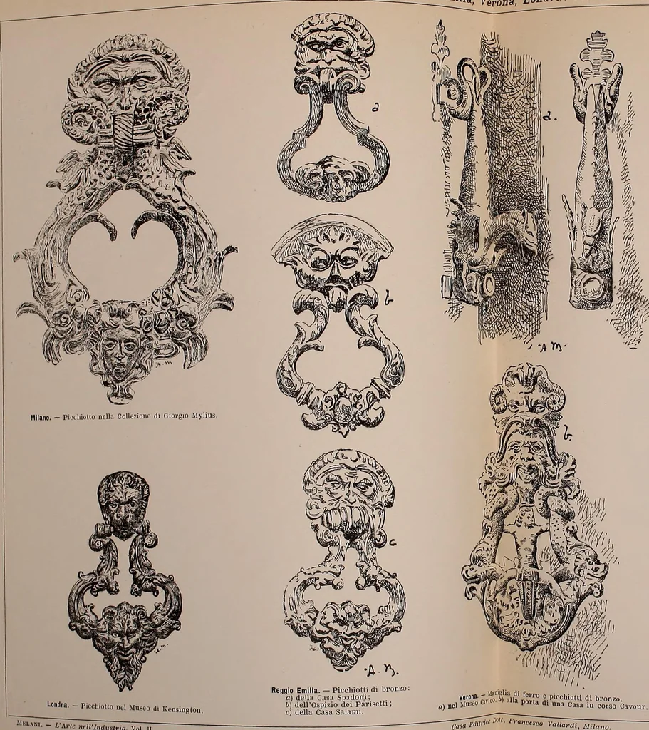 An illustration from L'arte nell'industria : lavori di legno e pastiglia, lavori di metallo, lavori di pietra, marmo, alabastro, ceramica, musaico, vetro, lavori di osso e avorio, lavori tessili, carte da parati e cuoi decorati, ricami, pizzi, cartelloni, stampe, ecc., 1907, leaf 102