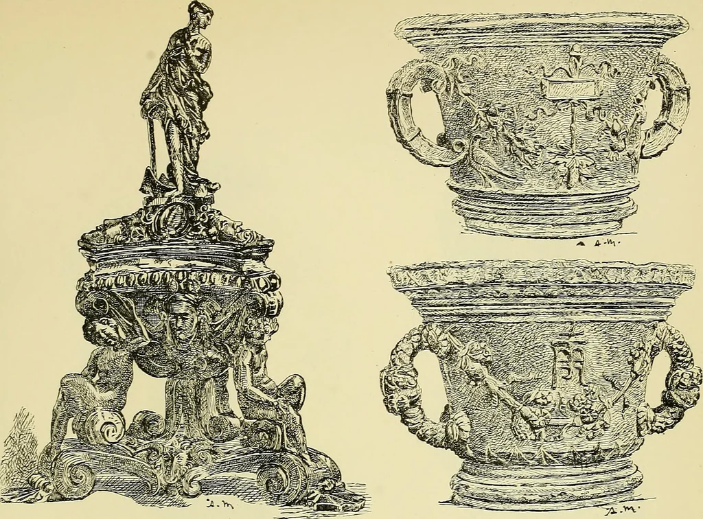 An illustration from L'arte nell'industria : lavori di legno e pastiglia, lavori di metallo, lavori di pietra, marmo, alabastro, ceramica, musaico, vetro, lavori di osso e avorio, lavori tessili, carte da parati e cuoi decorati, ricami, pizzi, cartelloni, stampe, ecc., 1907, leaf 108