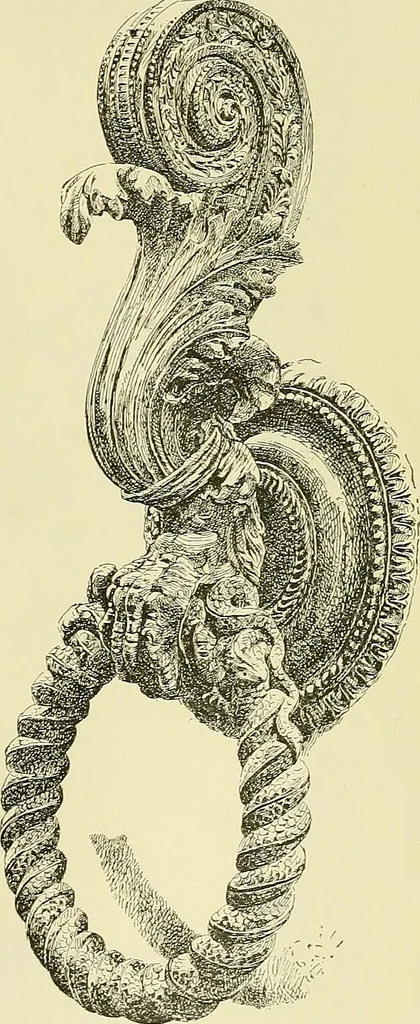 An illustration from L'arte nell'industria : lavori di legno e pastiglia, lavori di metallo, lavori di pietra, marmo, alabastro, ceramica, musaico, vetro, lavori di osso e avorio, lavori tessili, carte da parati e cuoi decorati, ricami, pizzi, cartelloni, stampe, ecc., 1907, leaf 110