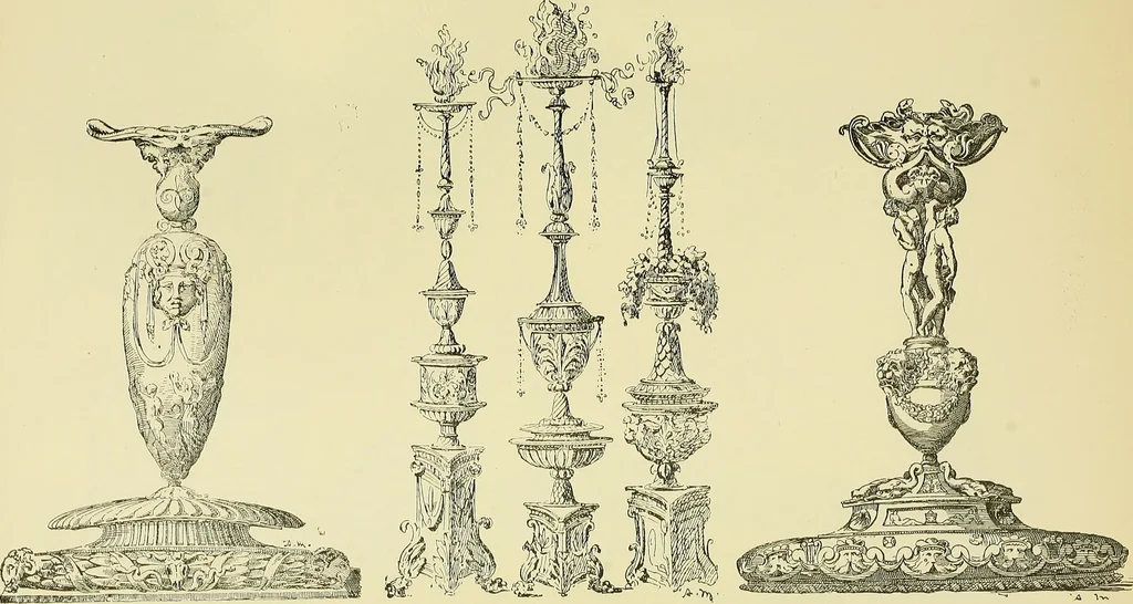 An illustration from L'arte nell'industria : lavori di legno e pastiglia, lavori di metallo, lavori di pietra, marmo, alabastro, ceramica, musaico, vetro, lavori di osso e avorio, lavori tessili, carte da parati e cuoi decorati, ricami, pizzi, cartelloni, stampe, ecc., 1907, leaf 112